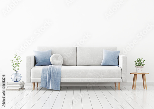 Living room interior wall mockup with gray velvet sofa, blue pillows and plaid, plant in vase and coffee table with pot on empty white wall background. 3D rendering, illustration.