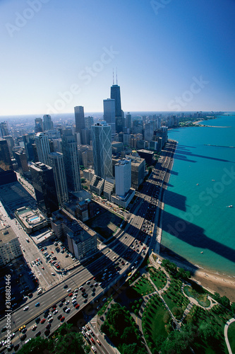 Aerial view of Chicago and Lake Michigan