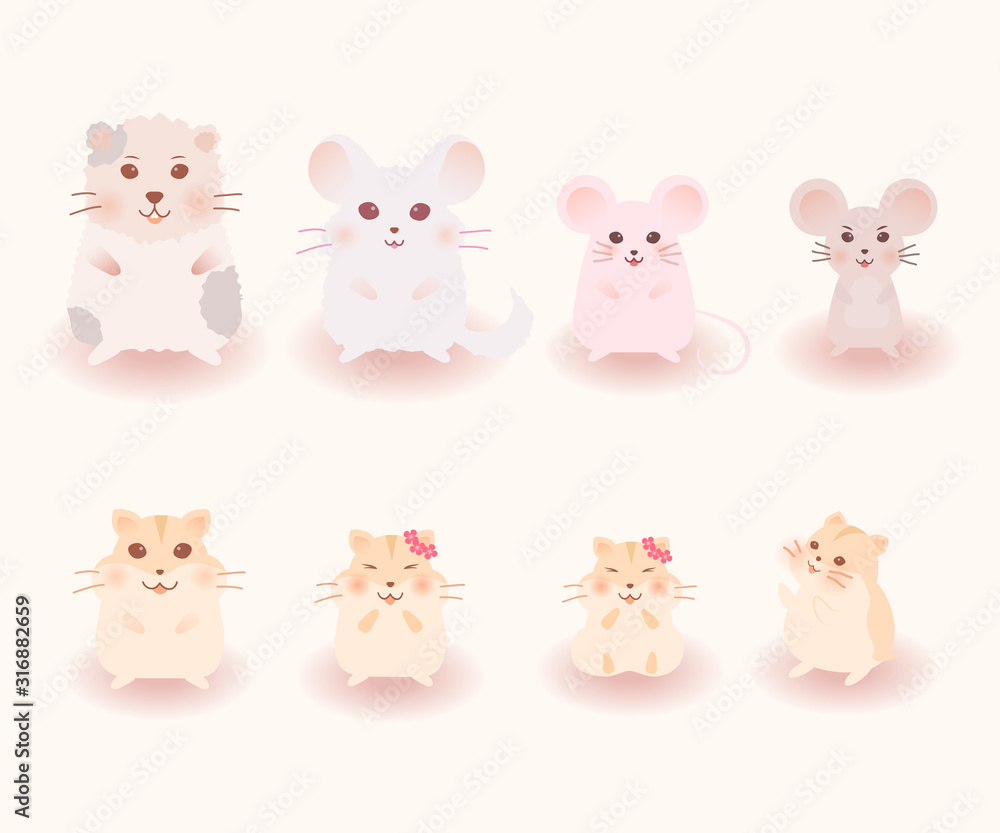 Cartoon animal set. Collection of rodents. Mouse , rat, hamster, guinea pig, chinchilla.