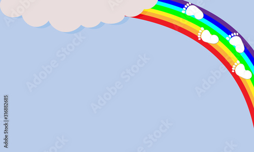 blue sky background baby footprints on rainbow and white clouds for greeting card with newborn or happy birthday