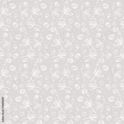 Natural french grey ditsy rose texture background. Vintage printed tiny white flower motif seamless pattern. Tone on tone speckled wallpaper. Floral japanese gray elegant wedding style all over print.