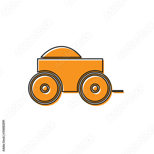 Orange Wooden four-wheel cart with hay icon isolated on white background. Vector Illustration