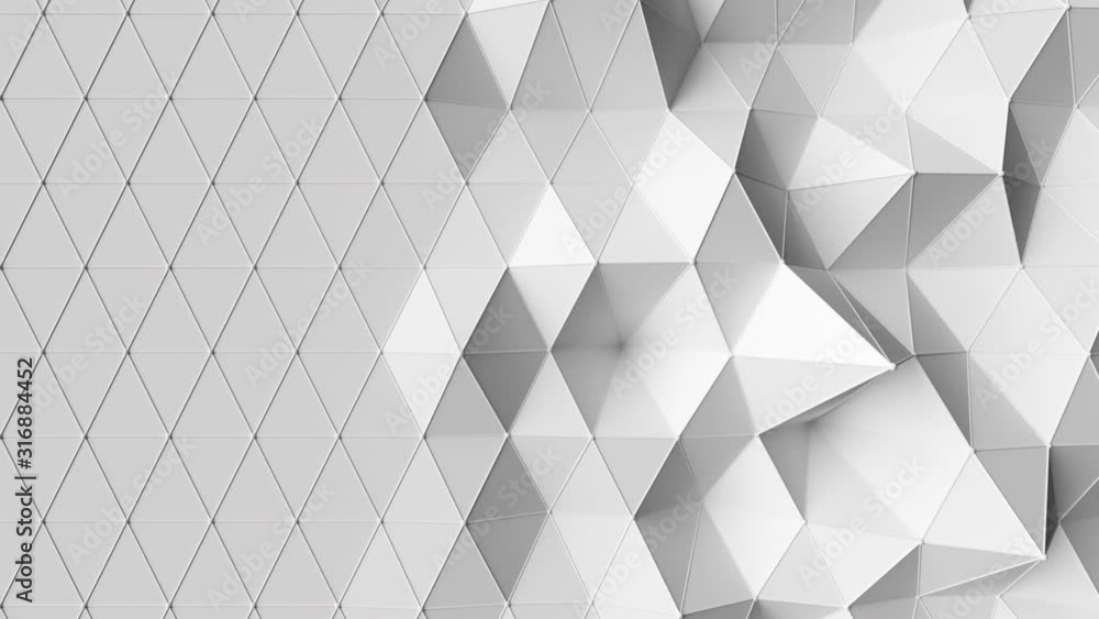 Beautiful white low poly surface morphing in abstract 3d animation. Seamless loop 3d render background in 4k