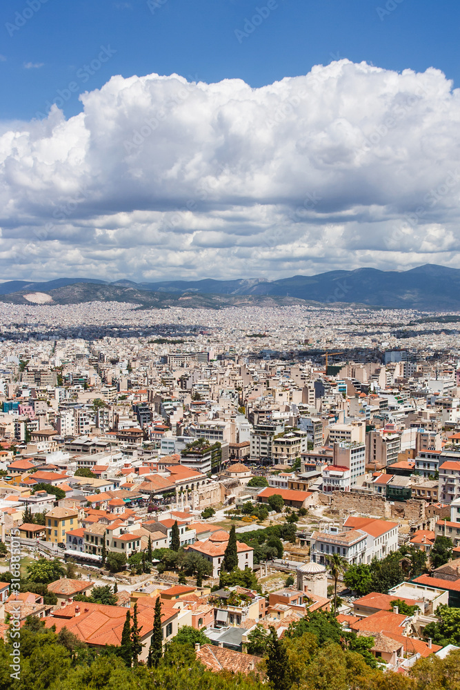 Athens, Greece cityscape. Summer european capital city landscape. View from Acropolis hill.
