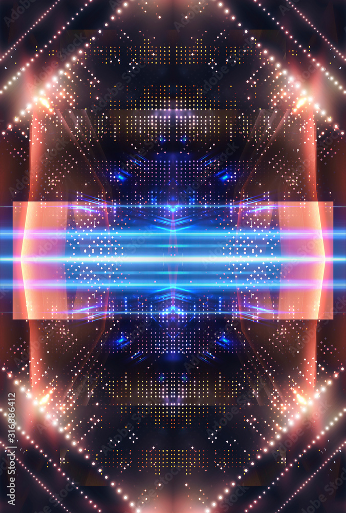 Fototapeta premium Abstract neon background. Cover layout, poster. Symmetrical reflection, neon lights. Night view.