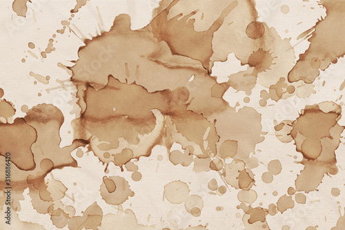 Vintage and old looking coffee cup stain background. Painted with a tea retro texture. Grunge paper for drawing. Ancient book page.