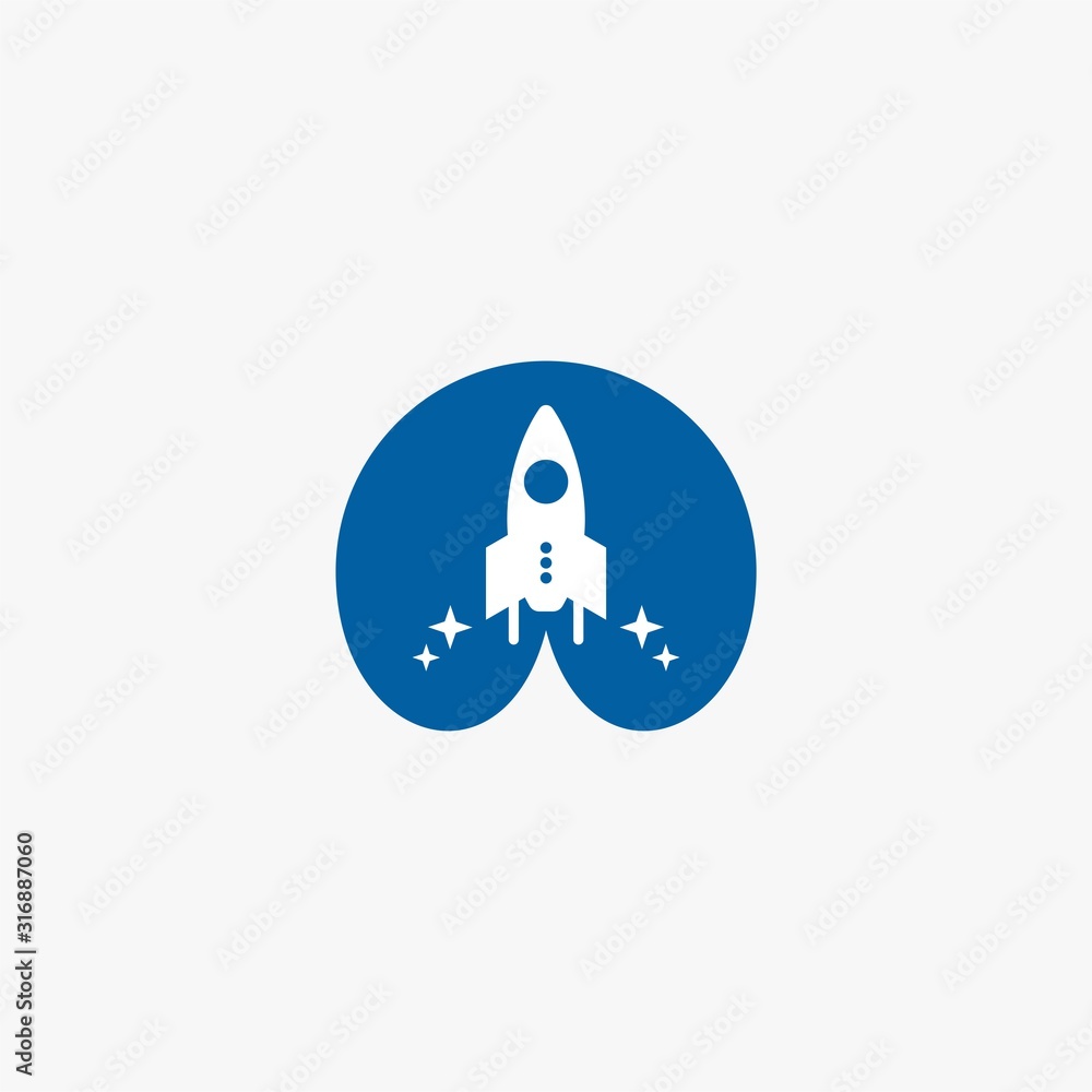 Rocket logo design. Blue planet sign symbol. Rocket launching icon vector. 