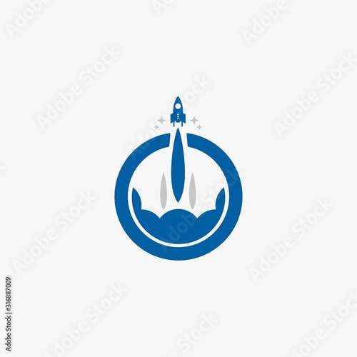 Rocket logo design. Blue planet sign symbol. Rocket launching icon vector. 