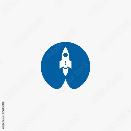 Rocket logo design. Blue planet sign symbol. Rocket launching icon vector. 