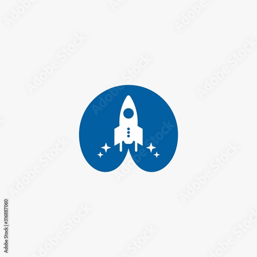 Rocket logo design. Blue planet sign symbol. Rocket launching icon vector. 
