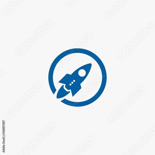 Rocket logo design. Blue planet sign symbol. Rocket launching icon vector. 