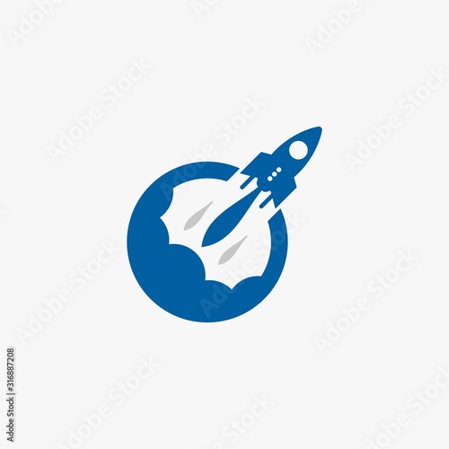 Rocket logo design. Blue planet sign symbol. Rocket launching icon vector. 