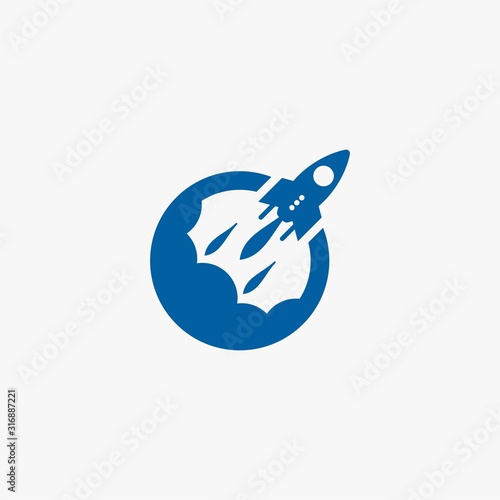 Rocket logo design. Blue planet sign symbol. Rocket launching icon vector. 