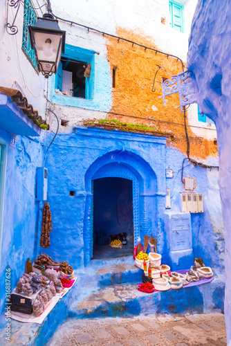 Chefchaouen, a city with blue painted houses and narrow, beautiful, blue streets, Morocco, Africa © gatsi
