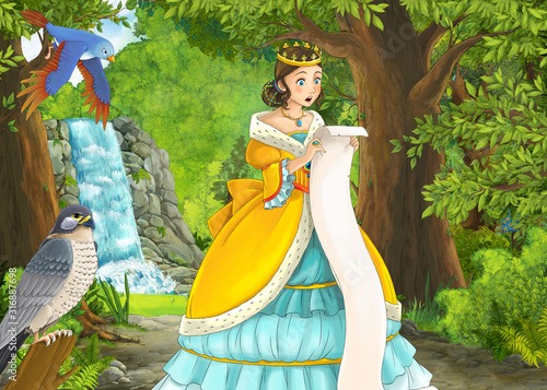 cartoon summer scene with meadow in the forest with beautiful princess girl romantic