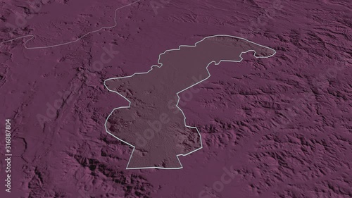 Amanat Al Asimah, governorate with its capital, zoomed and extruded on the administrative map of Yemen in the conformal Stereographic projection. Animation 3D photo