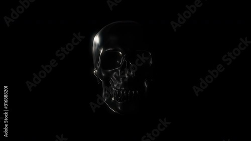 Dark creepy 3D human skeleton skull head render with a light shining on it on a black minimalist background