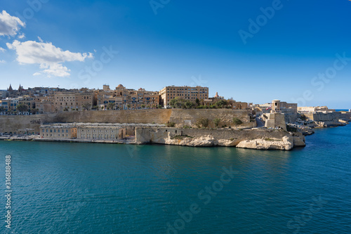Aerial photograph from the sea with a panoramic view of Valletta, Malta