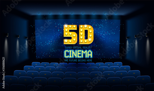 Empty movie theatre. Dark cinema hall with blue screen and 5d virtual reality. Modern movies theater for festivals and films presentation. Interior design. Online Cinema concept. Vector illustration.