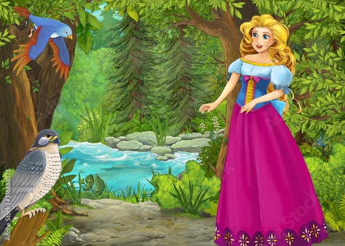 cartoon summer scene with meadow in the forest with beautiful princess girl romantic