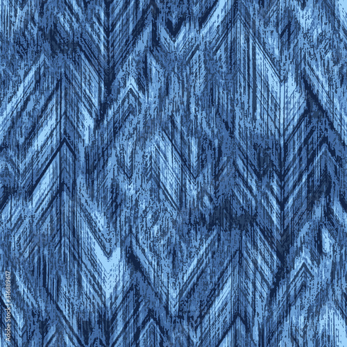 Indigo cyanotype dyed effect distressed worn bleached graphical motif. Noisy brushed faded mottled, intricate grungy stained navy design. Seamless repeat vector eps 10 pattern swatch.