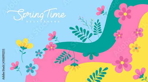Spring background illustration vector. Flat flowers of spring background