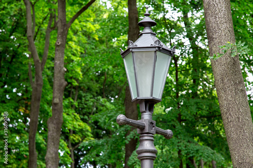 iron lantern in retro style with a glass ceiling in the park on a background of green trees, close up.