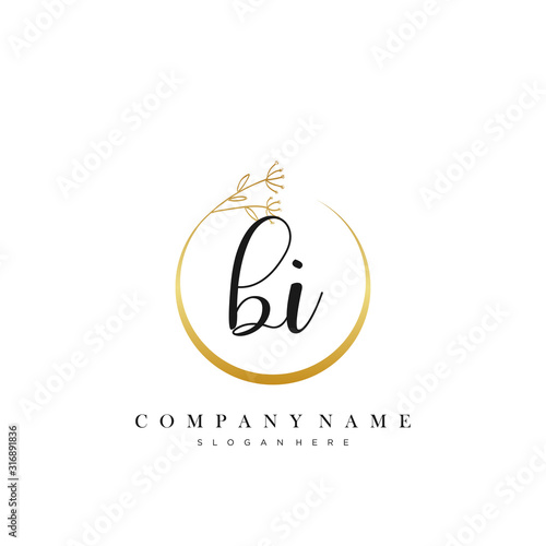 BI initial handwriting logo with Circle Flower vector.