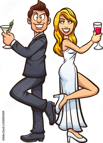 White bride and groom wearing formal attire, back to back with alcoholic beverages on hand. Vector cartoon clip art illustration with simple gradients. Each on a separate layer.