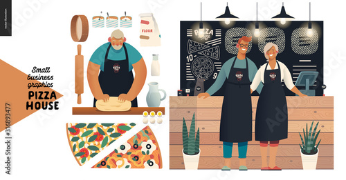Pizza house -small business graphics -baker and owners. Modern flat vector concept illustrations -baker kneading dough, process, man and woman wearing aprons, blackboard, chalk lettering, pizza slices