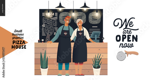 Pizza house -small business graphics -owners. Modern flat vector concept illustrations - man and woman wearing aprons at the wooden counter, interior decoration -blackboard, chalk lettering, plants