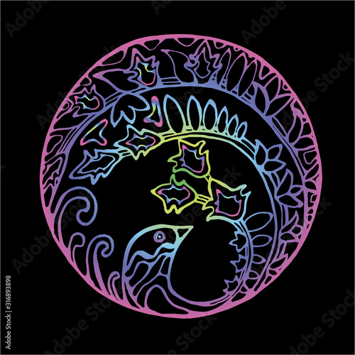 Neon illustration of a bird inscribed in a circle in vintage style. Bird and plant motifs. The idea for a tattoo.