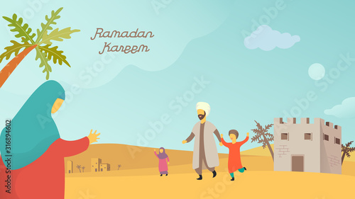Happy eid mubarak and ramadan concept. Moslem family welcomed the mother illustration design for Header page, UI, Story board, Book Illustration, Banners