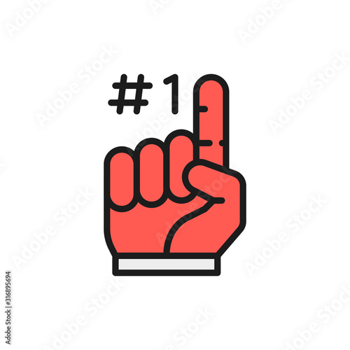 Vector foam finger, fans glove flat color line icon.