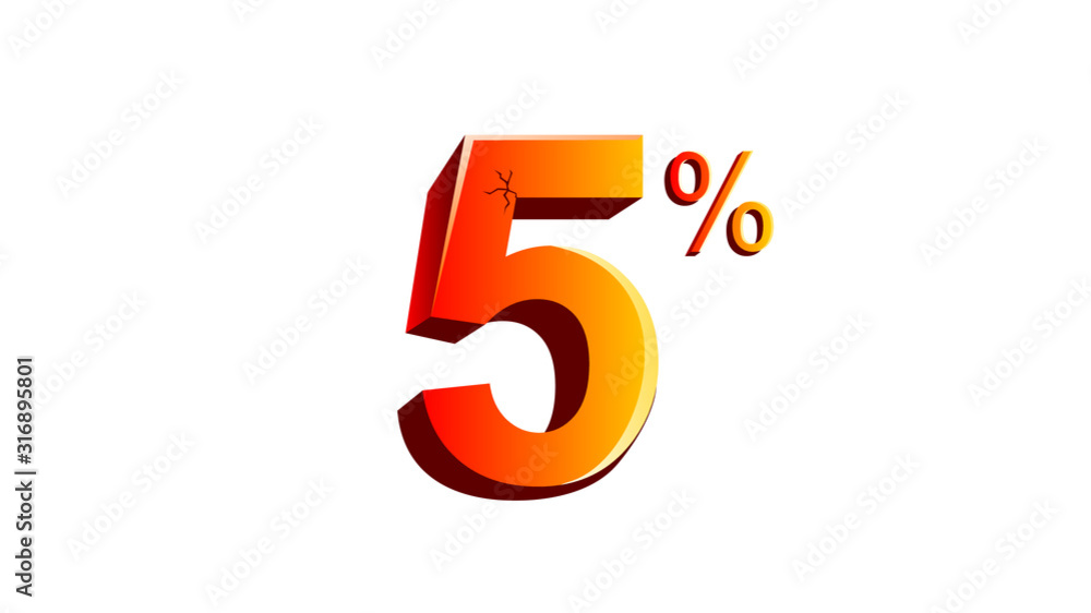 Isometric Realistic 3D View 5% Sign in Shiny Orange and Yellow Color Isometric Realistic 3D View 5% Sign in Shiny Orange and Yellow Color