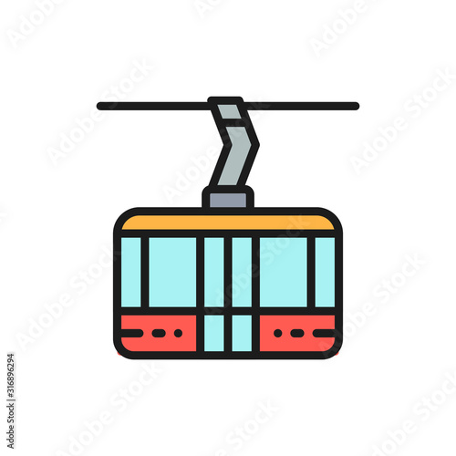 Ski lift, cable car, cabin cableway flat color line icon.
