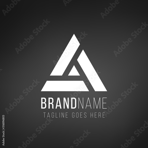 Letter A or delta geometric triangle logo design. Trinity concept. Business identity tech element. Stock Vector illustration isolated on black background.