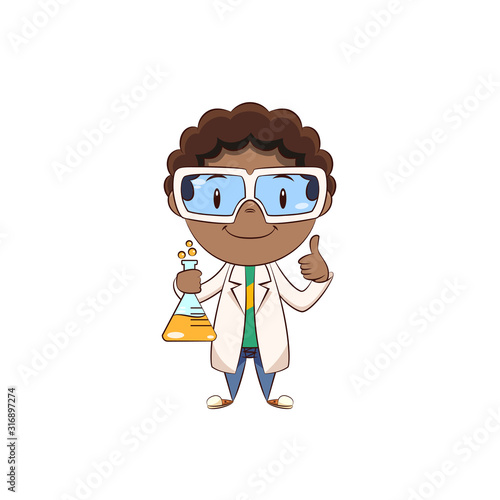 Boy scientist thumbs up gesture, happy cute child