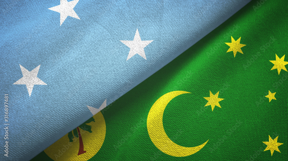 Micronesia and Cocos Keeling Islands two flags textile cloth, fabric texture Micronesia and Cocos Keeling Islands two flags textile cloth, fabric texture