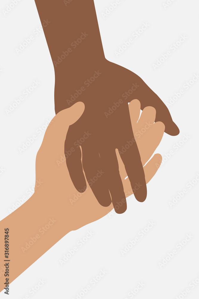 The two hands are held together. The hand of a black and white man. Help and mutual help. Vector eps illustration. The two hands are held together. The hand of a black and white man. Help and mutual help. Vector eps illustration.