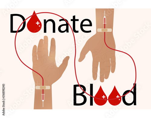 Blood donation. A hands raised up, sacrificing blood. A catheter and a Band-Aid on your arm. Donate blood to those in need. Vector eps illustration.