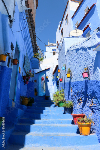 Blue street in Chefchaouen, Morocco with plants © Kaylee