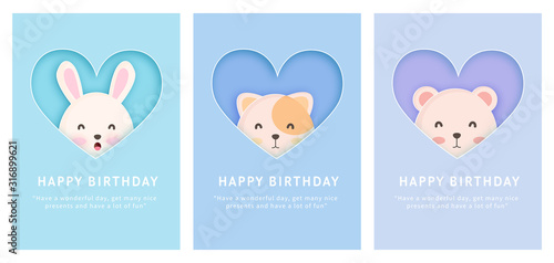 Baby shower card , Birthday greeting template card   with rabbit , cat and bear in paper cut style. 