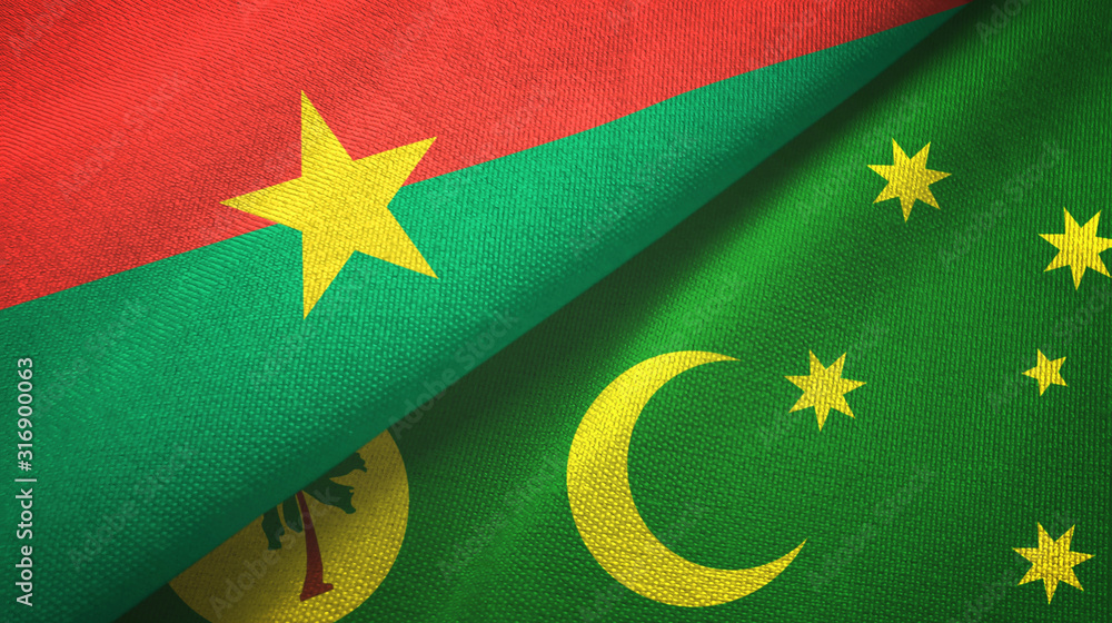 Burkina Faso and Cocos Keeling Islands two flags textile cloth, fabric texture Burkina Faso and Cocos Keeling Islands two flags textile cloth, fabric texture
