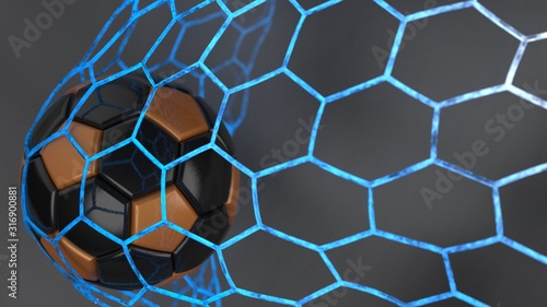 Black-orange Soccer Ball in the blue illuminated Goal Net under black-white lighting with dark toned foggy smoke background. 3D illustration. 3D CG. High resolution.