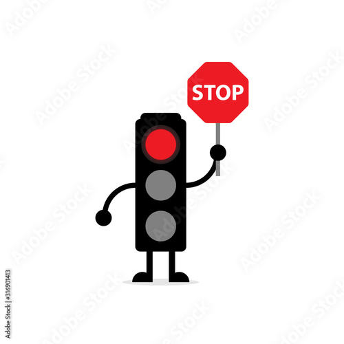 illustration vector graphic of a traffic light that is holding a sign that says stop with a red light that is on that shows a sign that the vehicle must stop suitable for learning logos and symbols