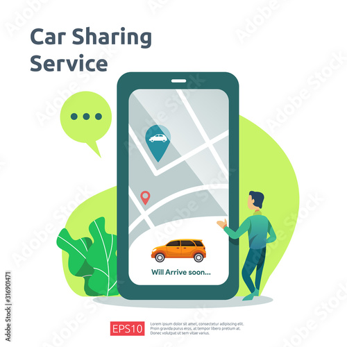 Car sharing illustration concept. online taxi or rent transportation using smartphone service application with character and route points location on gps map for landing page, banner, web, UI, flyer