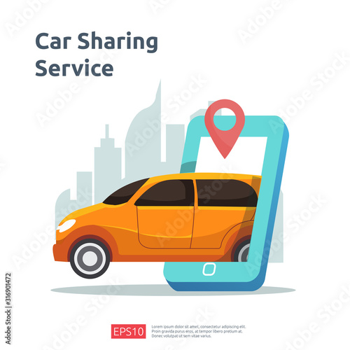 Car sharing illustration concept. online taxi or rent transportation using smartphone service application with character and route points location on gps map for landing page, banner, web, UI, flyer