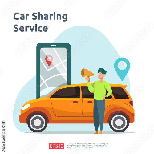 Car sharing illustration concept. online taxi or rent transportation using smartphone service application with character and route points location on gps map for landing page, banner, web, UI, flyer