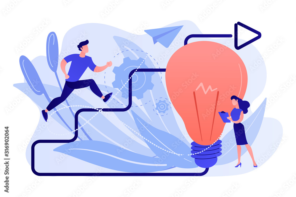 Businessman running up stairs arrow to lightbulb. Creative inspiration, how to find inspiration and unlocking creativity concept on white background. Pink coral blue vector isolated illustration